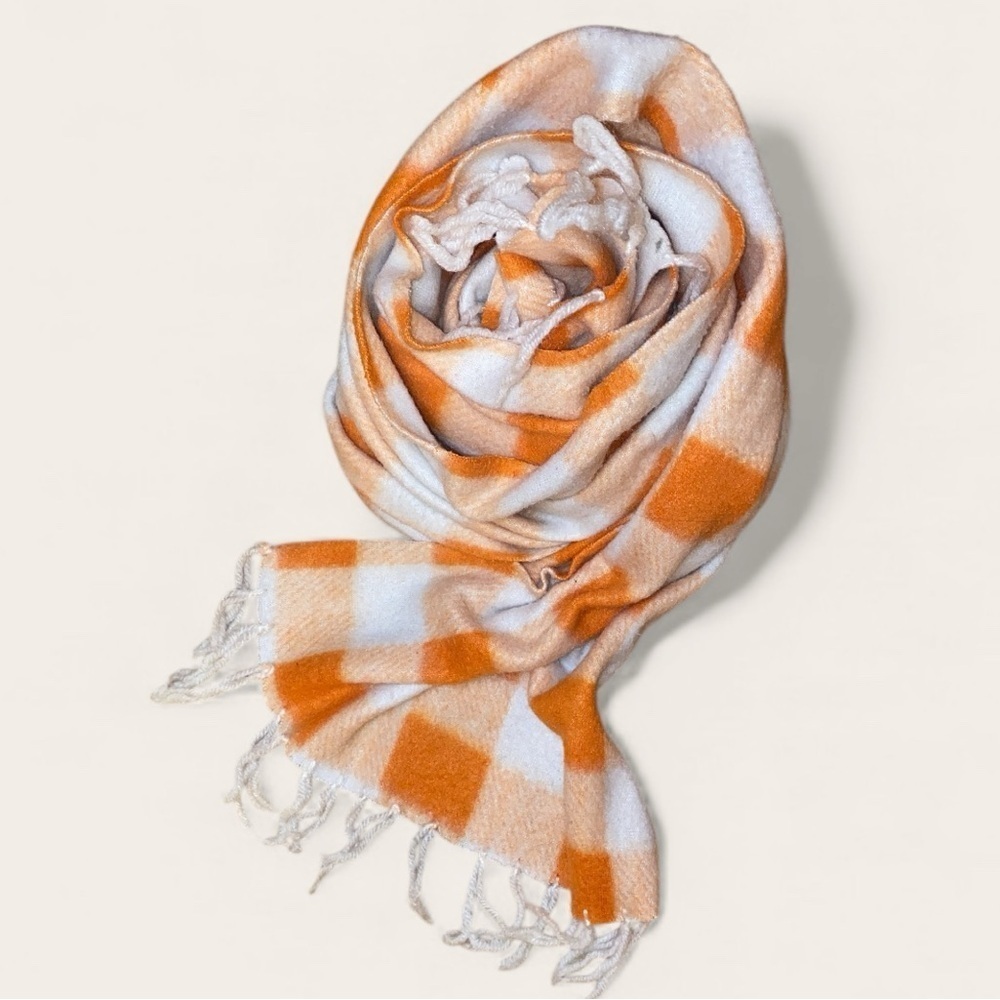 WINTER SCARF in Orange & White Plaid w/Wool Like Material for Men or Women